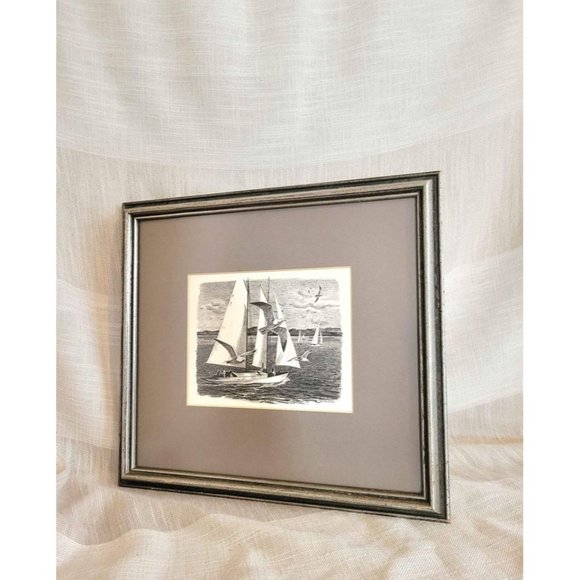 Art Vintage Framed Charcoal Sailboat Seagull Art Poshmark